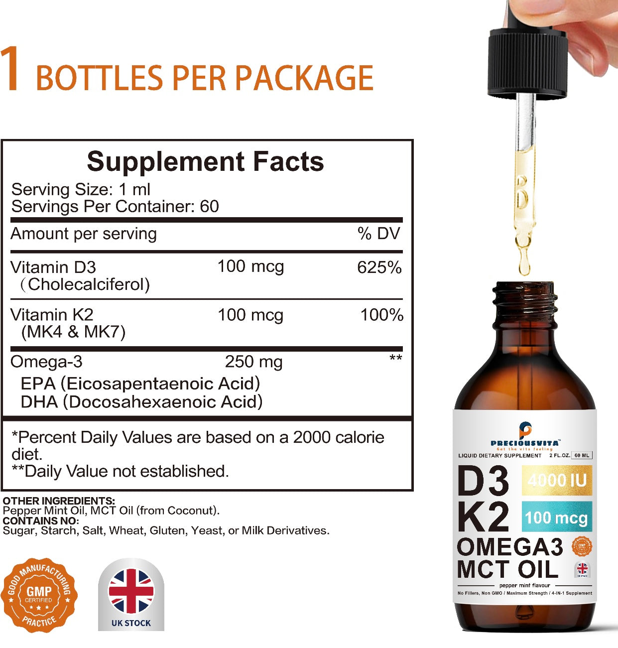 Vitamin D3K2 Liquid Drops,Vitamin D3:4000iu & Vitamin K2:100MCG,Peppermint Flavoured, 60ml