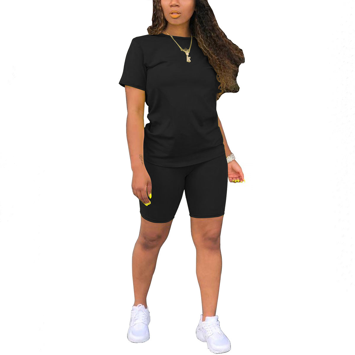 Solid Color T-Shirt Shorts Suit Women