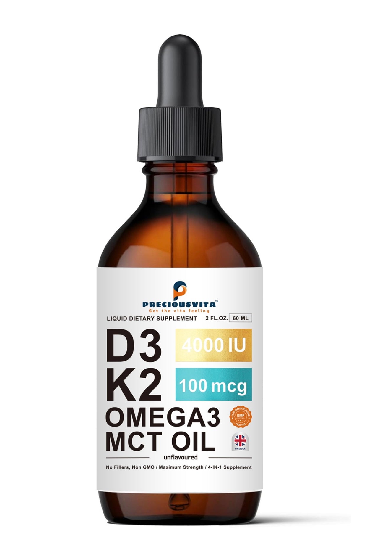 Vitamin D3K2 Liquid Drops,Vitamin D3 4000iu & Vitamin K2 100MCG,Unflavoured,60ml