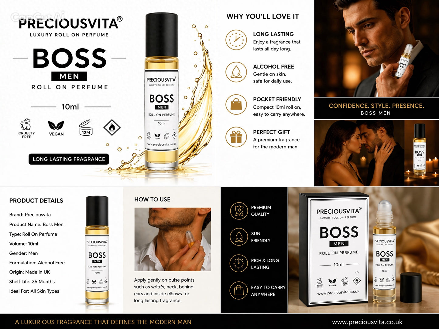 Preciousvita Boss Men Luxury Roll on Perfume, Alcohol Free, Vegan, Cruelty Free,pocket size,10ml