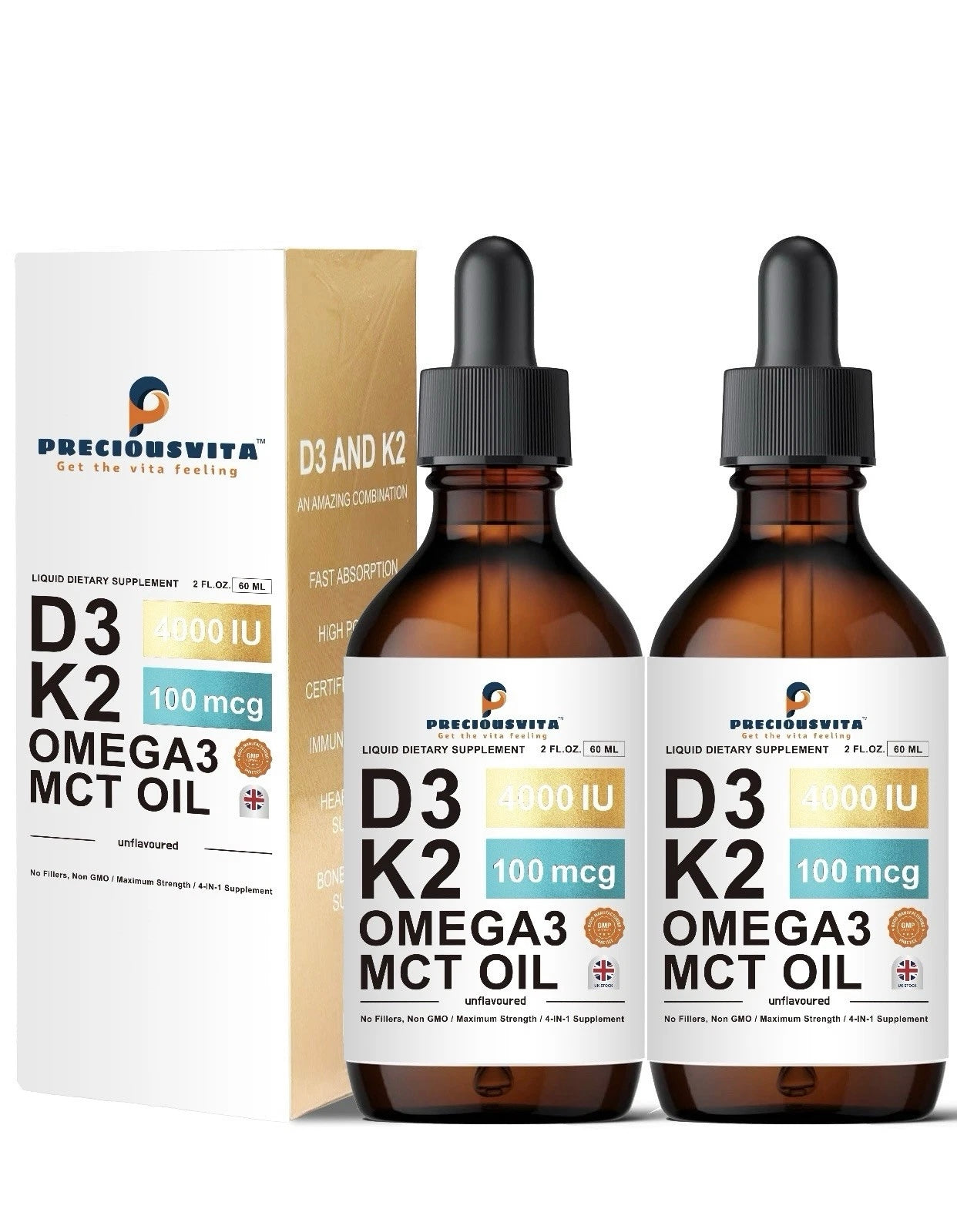 Vitamin D3K2 Liquid Drops,Vitamin D3 4000iu & Vitamin K2 100MCG,Unflavoured,60ml