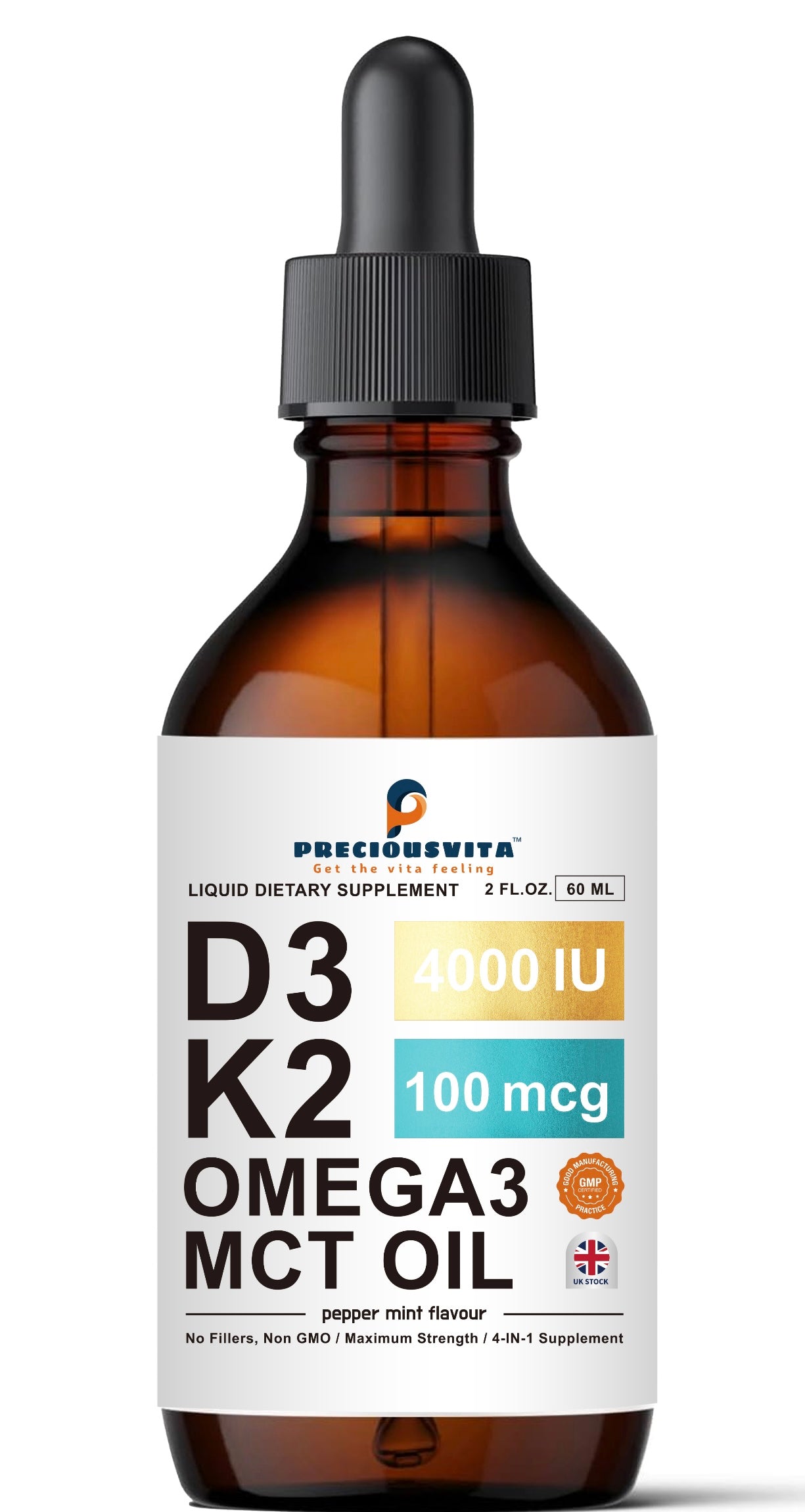Vitamin D3K2 Liquid Drops,Vitamin D3:4000iu & Vitamin K2:100MCG,Peppermint Flavoured, 60ml