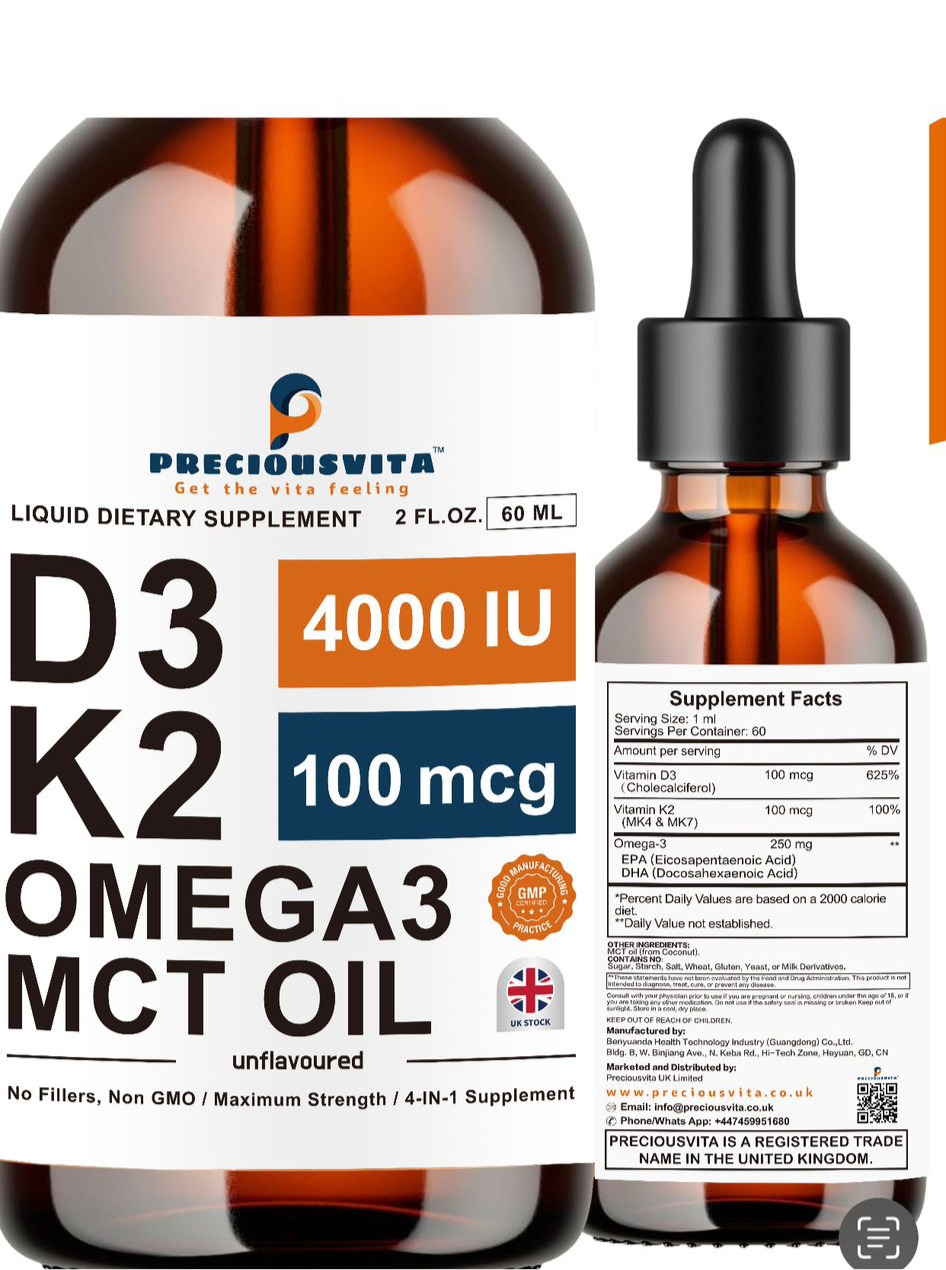 Vitamin D3K2 Liquid Drops,Vitamin D3 4000iu & Vitamin K2 100MCG,Unflavoured,60ml