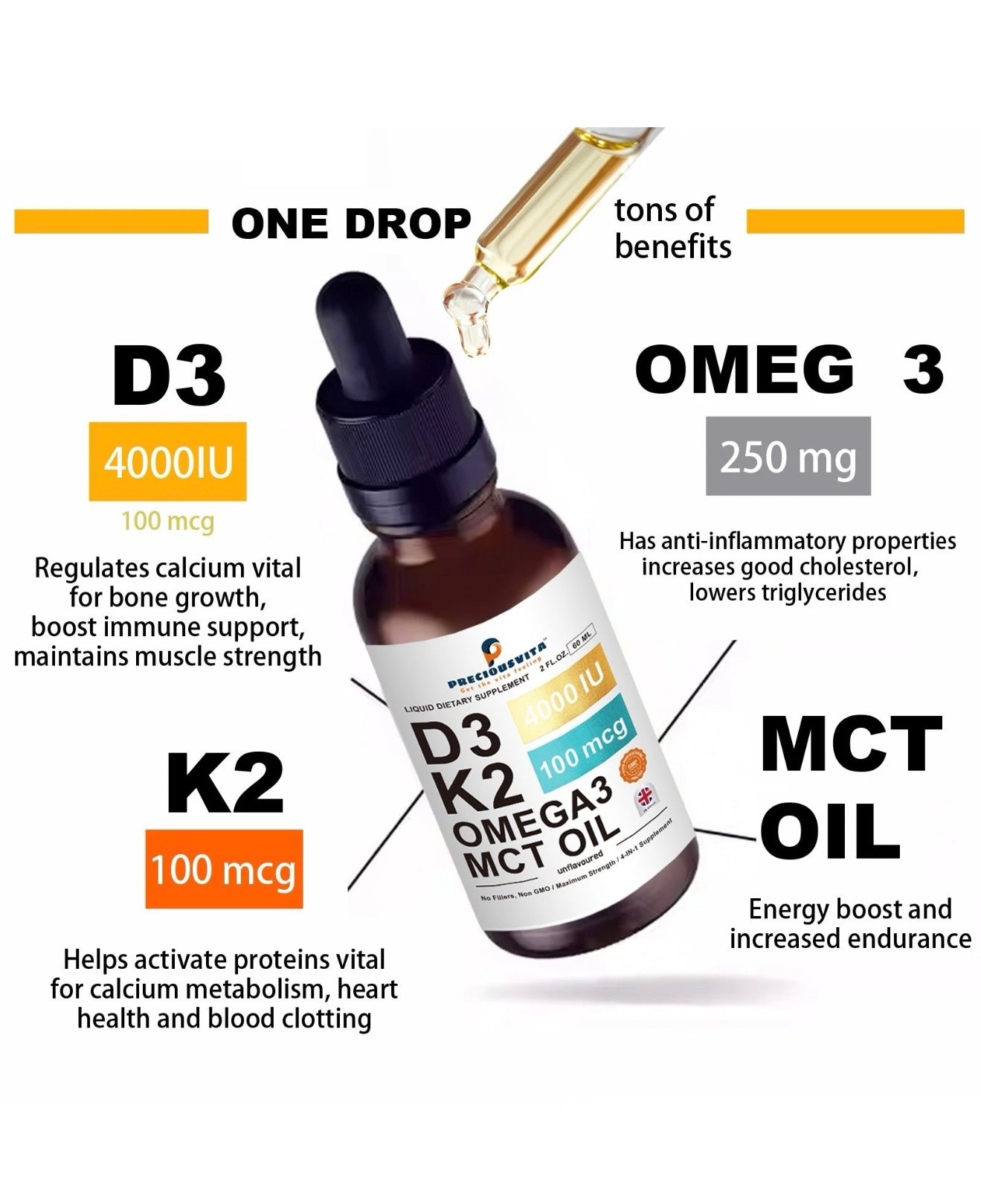 Vitamin D3K2 Liquid Drops,Vitamin D3 4000iu & Vitamin K2 100MCG,Unflavoured,60ml