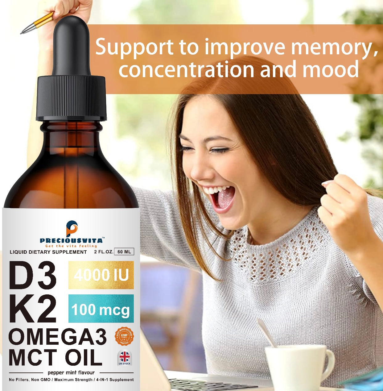 Vitamin D3K2 Liquid Drops,Vitamin D3:4000iu & Vitamin K2:100MCG,Peppermint Flavoured, 60ml