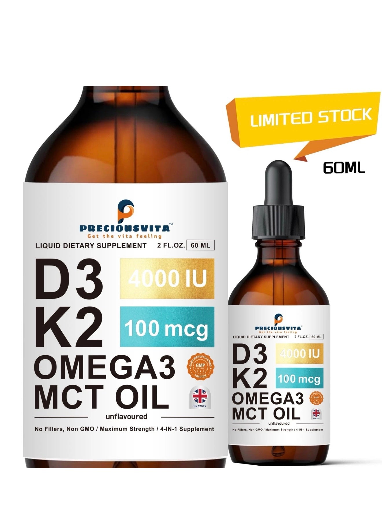 Vitamin D3K2 Liquid Drops,Vitamin D3 4000iu & Vitamin K2 100MCG,Unflavoured,60ml