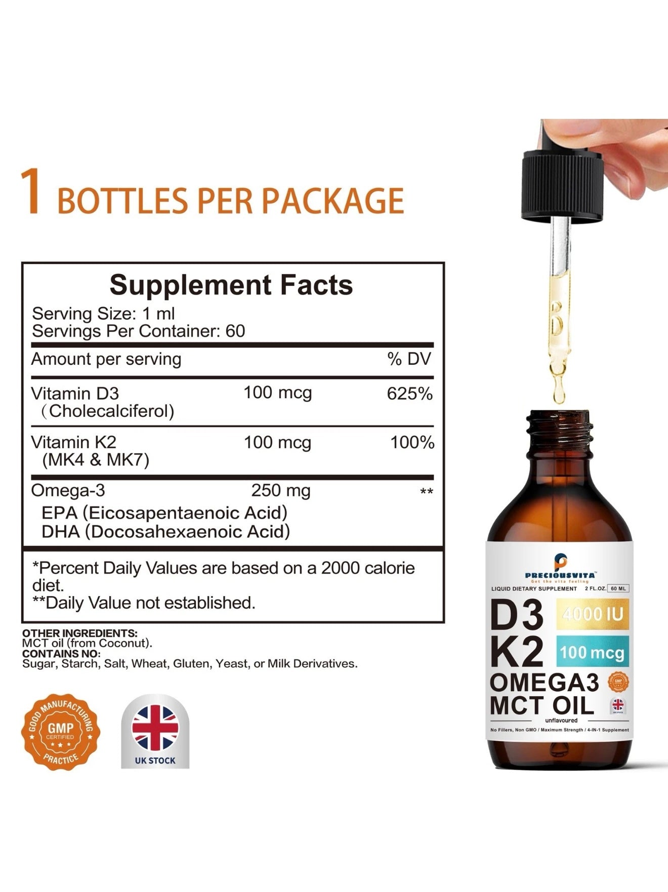 Vitamin D3K2 Liquid Drops,Vitamin D3 4000iu & Vitamin K2 100MCG,Unflavoured,60ml