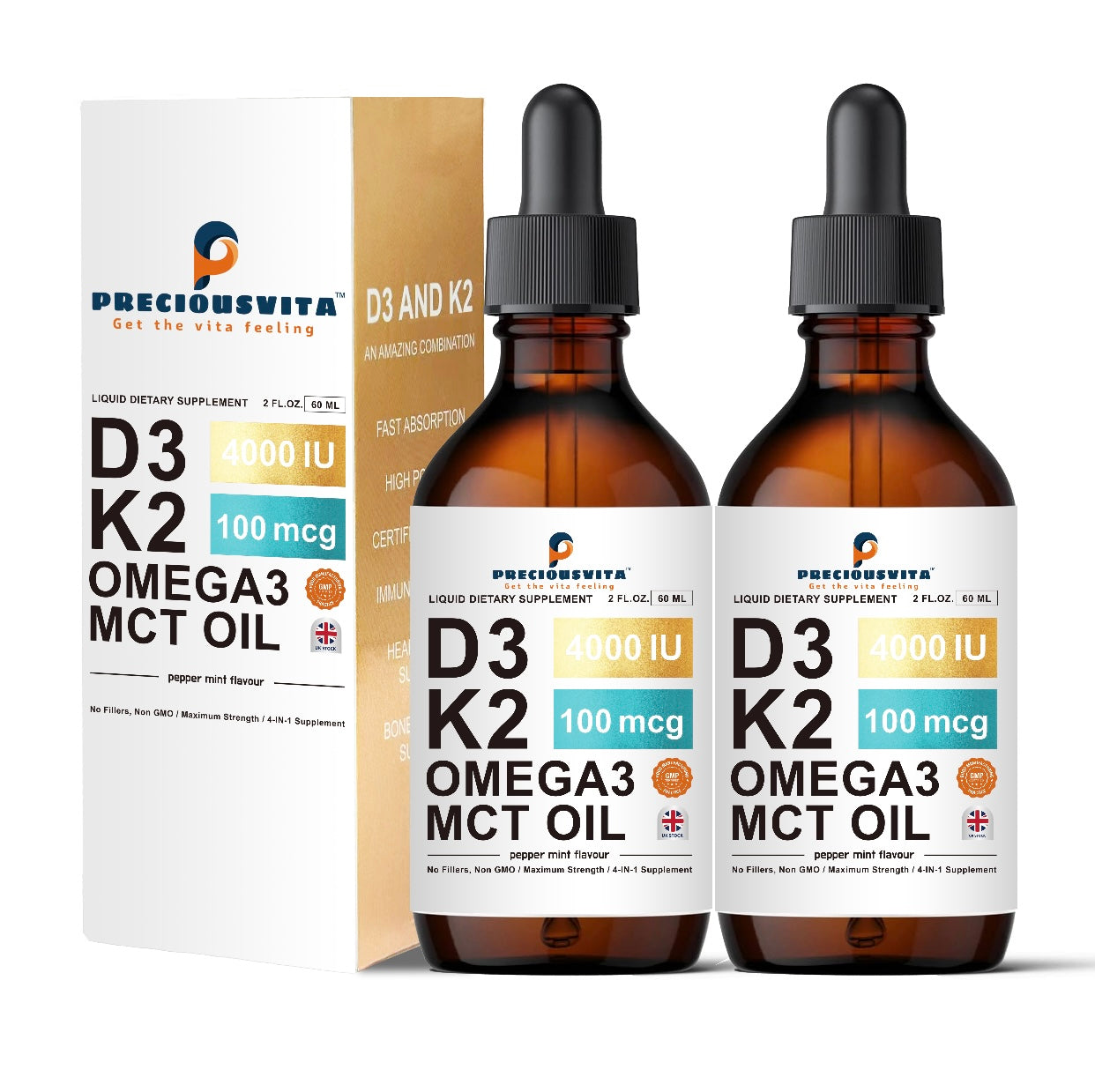 Vitamin D3K2 Liquid Drops,Vitamin D3:4000iu & Vitamin K2:100MCG,Peppermint Flavoured, 60ml