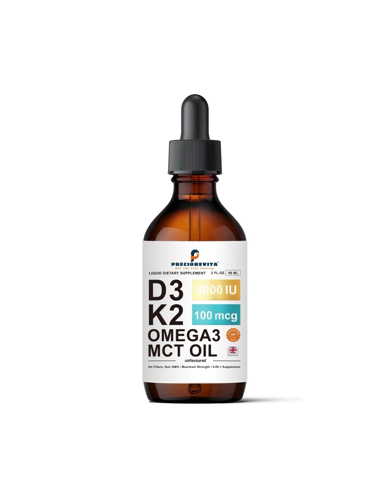 Vitamin D3K2 Liquid Drops,Vitamin D3 4000iu & Vitamin K2 100MCG,Unflavoured,60ml