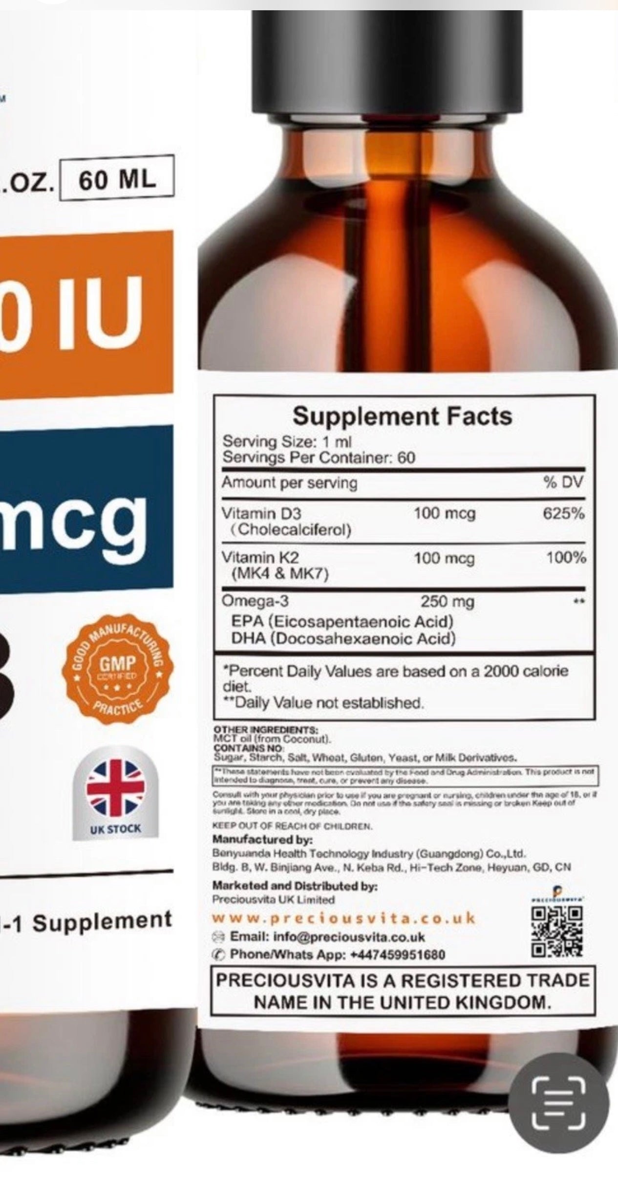 Vitamin D3K2 Liquid Drops,Vitamin D3:4000iu & Vitamin K2:100MCG,Peppermint Flavoured, 60ml