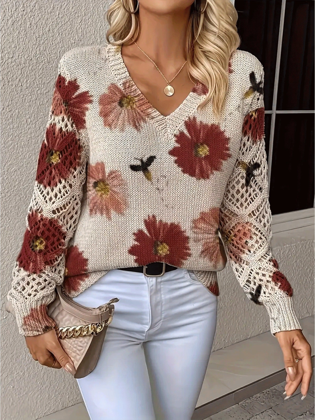Printed Sweater V-Neck Pullover