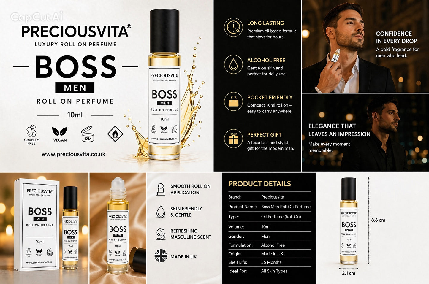 Preciousvita Boss Men Luxury Roll on Perfume, Alcohol Free, Vegan, Cruelty Free,pocket size,10ml