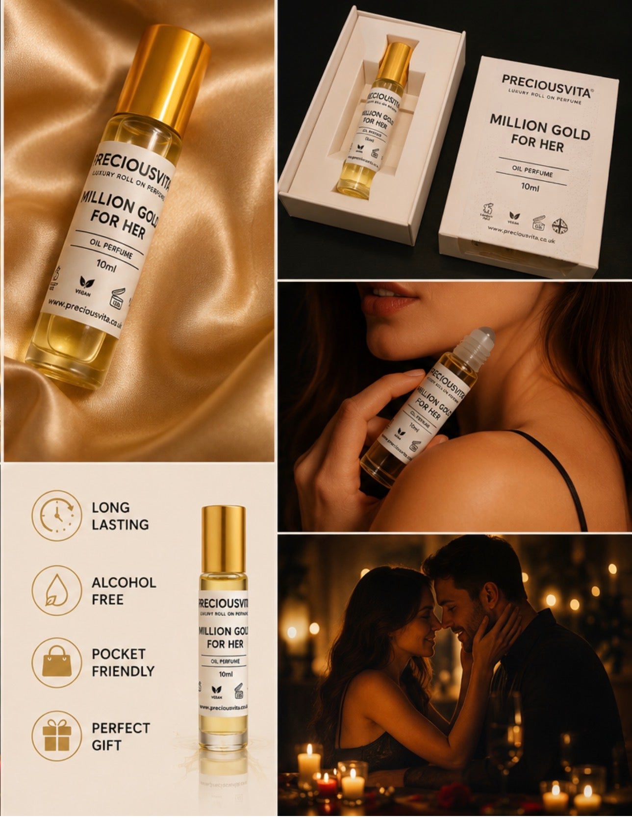 PRECIOUSVITA Million Gold For Her Luxury Roll-On Perfume Oil 10ml – Long Lasting Women’s Fragrance, Vegan & Cruelty Free