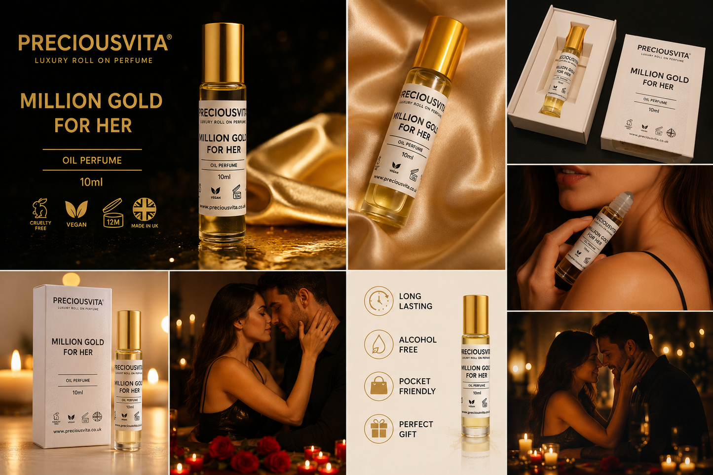 PRECIOUSVITA Million Gold For Her Luxury Roll-On Perfume Oil 10ml – Long Lasting Women’s Fragrance, Vegan & Cruelty Free