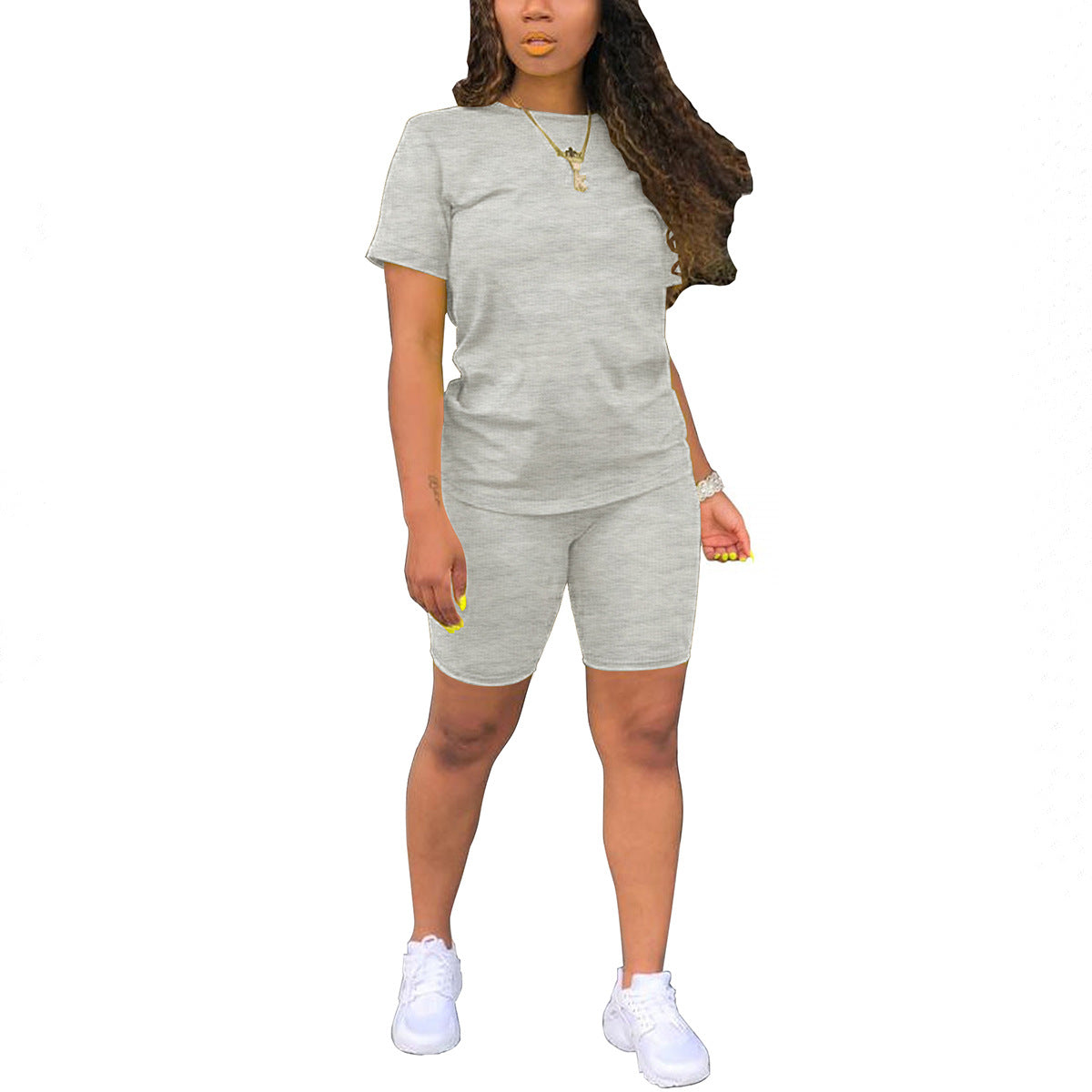 Solid Color T-Shirt Shorts Suit Women