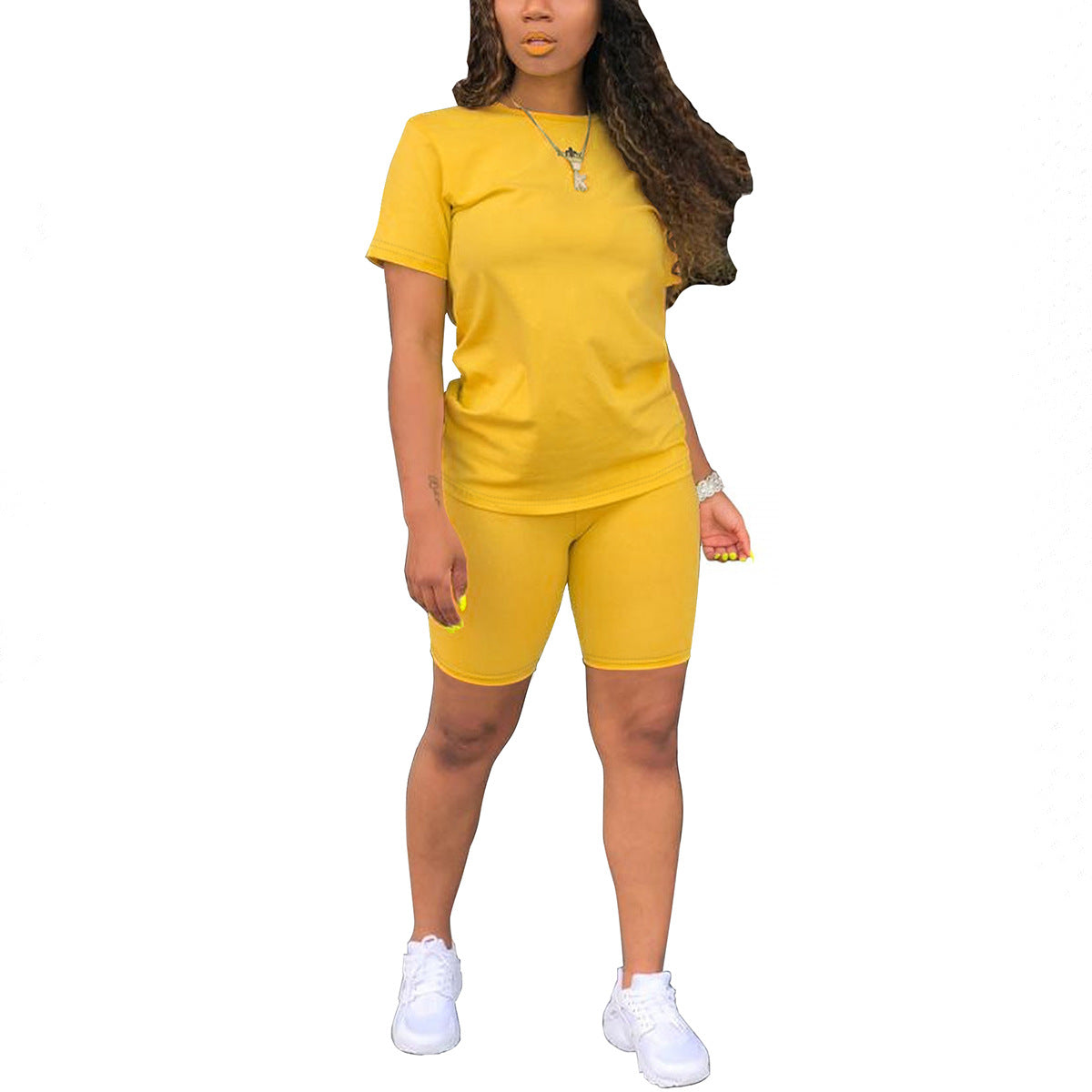 Solid Color T-Shirt Shorts Suit Women