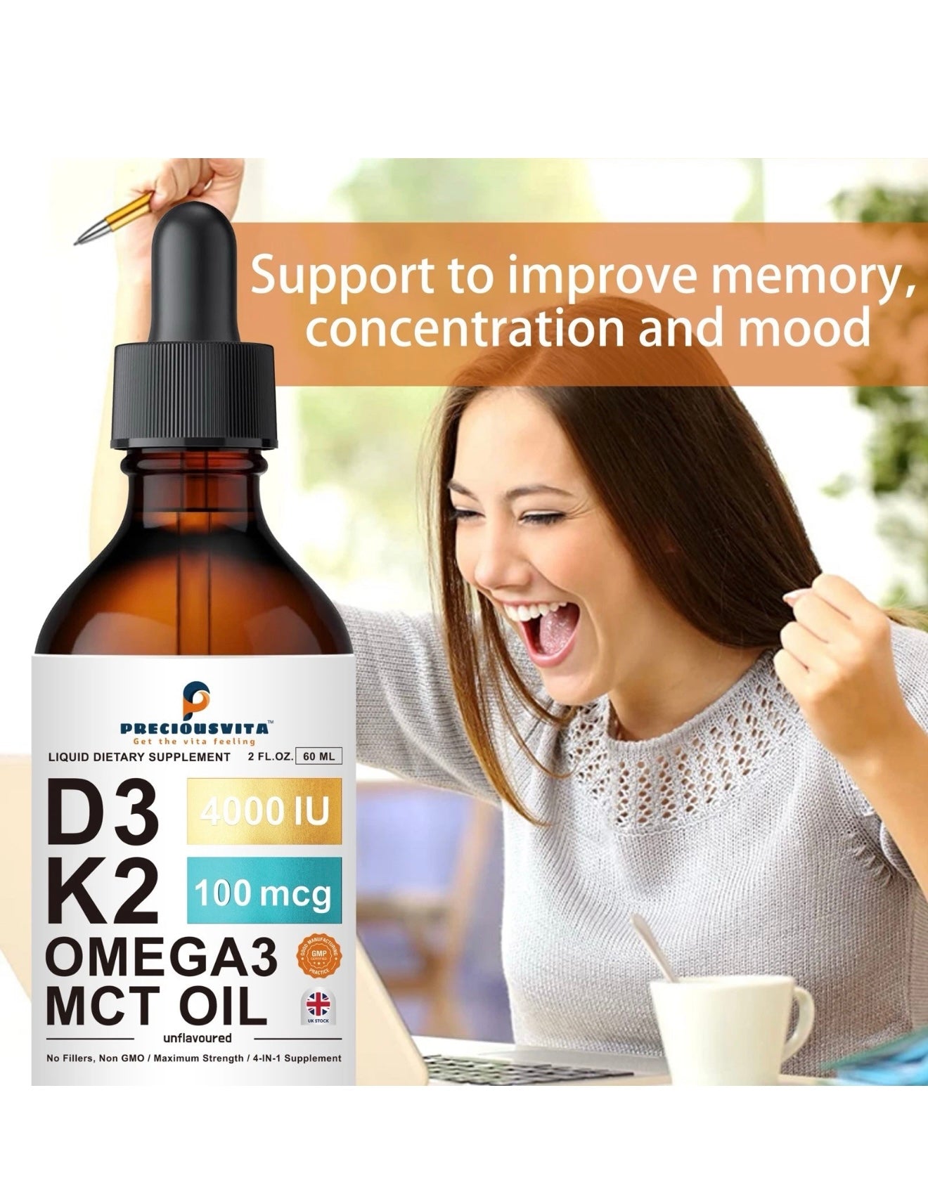 Vitamin D3K2 Liquid Drops,Vitamin D3 4000iu & Vitamin K2 100MCG,Unflavoured,60ml