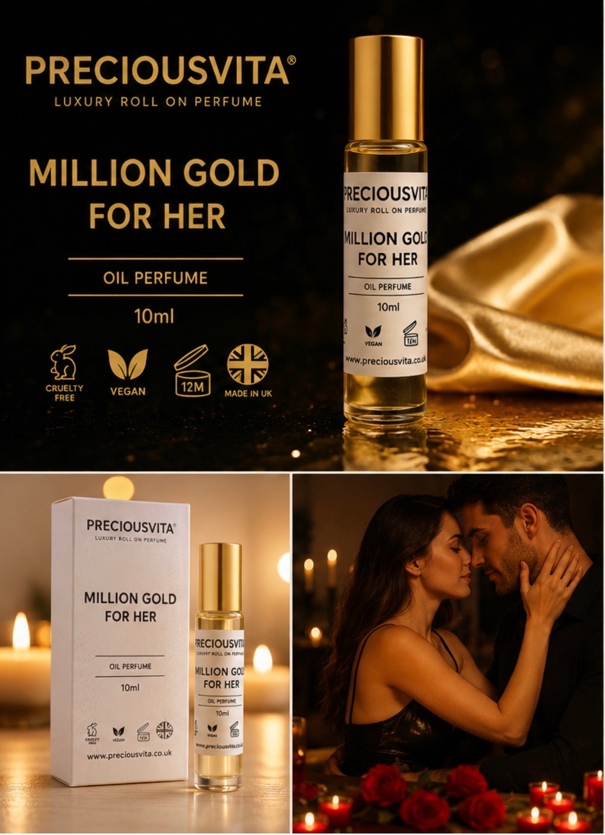 PRECIOUSVITA Million Gold For Her Luxury Roll-On Perfume Oil 10ml – Long Lasting Women’s Fragrance, Vegan & Cruelty Free