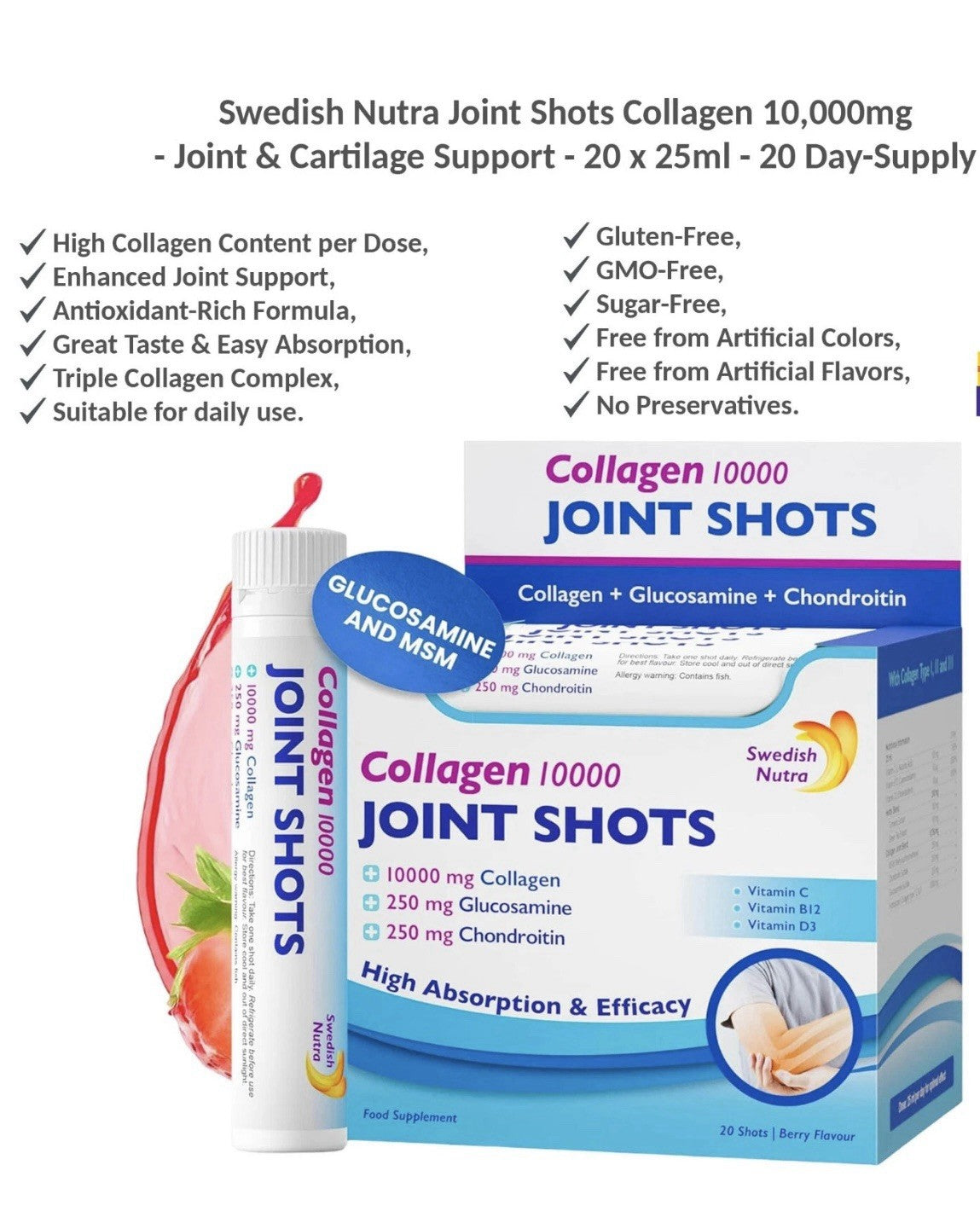 Swedish Nutra Collagen Joint Shots 10,000mg 20 Shots - Skin, Hair & Joint Health