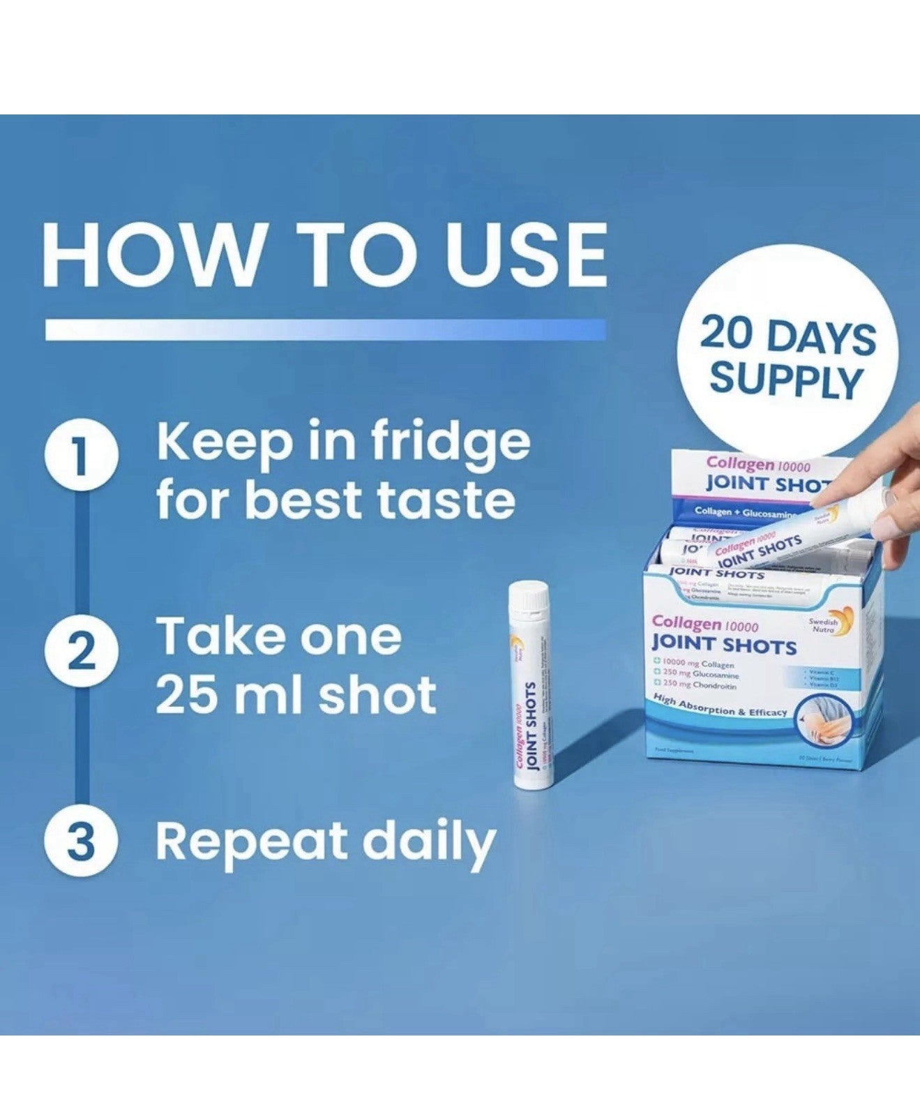 Swedish Nutra Collagen Joint Shots 10,000mg 20 Shots - Skin, Hair & Joint Health