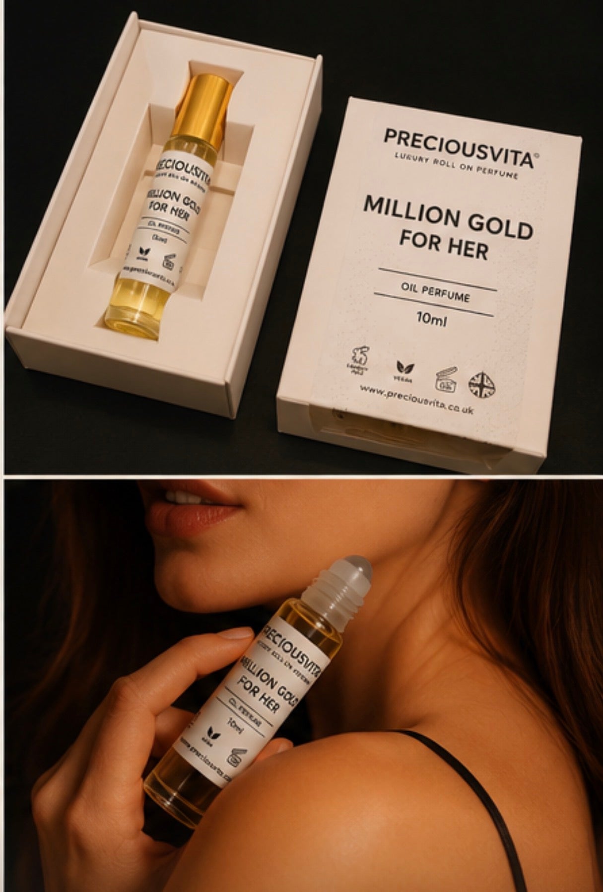 PRECIOUSVITA Million Gold For Her Luxury Roll-On Perfume Oil 10ml – Long Lasting Women’s Fragrance, Vegan & Cruelty Free
