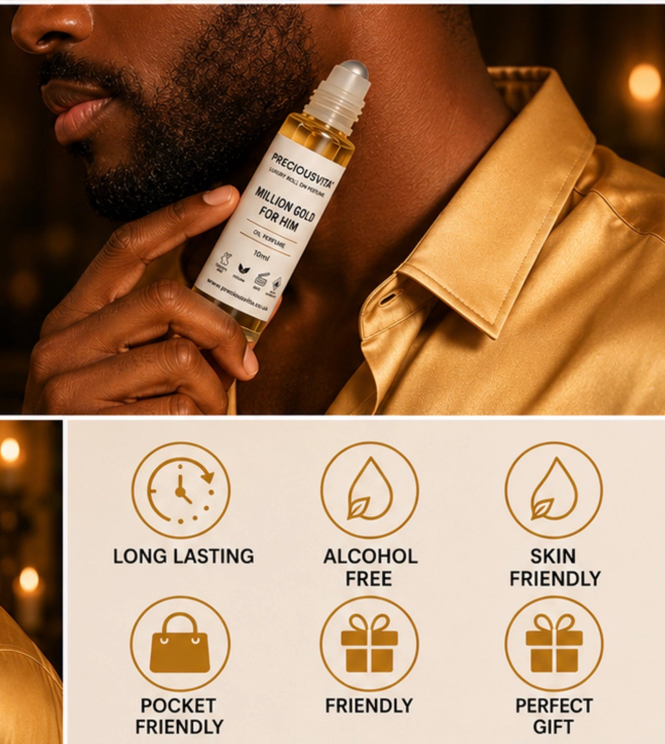 PRECIOUSVITA Million Gold For Him – Luxury Roll-On Oil Perfume (10ml)