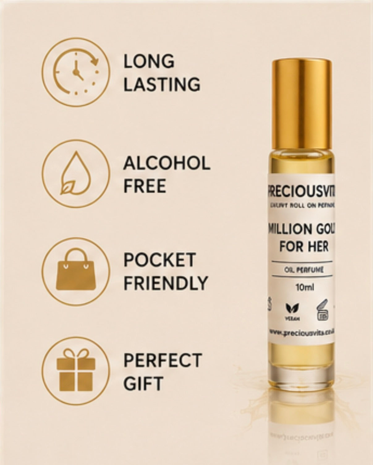 PRECIOUSVITA Million Gold For Her Luxury Roll-On Perfume Oil 10ml – Long Lasting Women’s Fragrance, Vegan & Cruelty Free