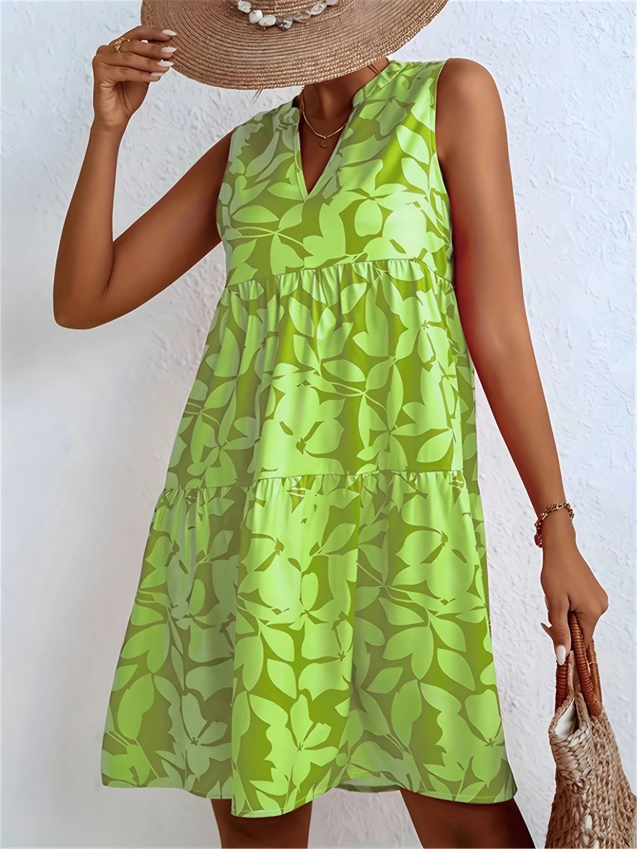 V-Neck Printed Sleeveless A- Line Dress