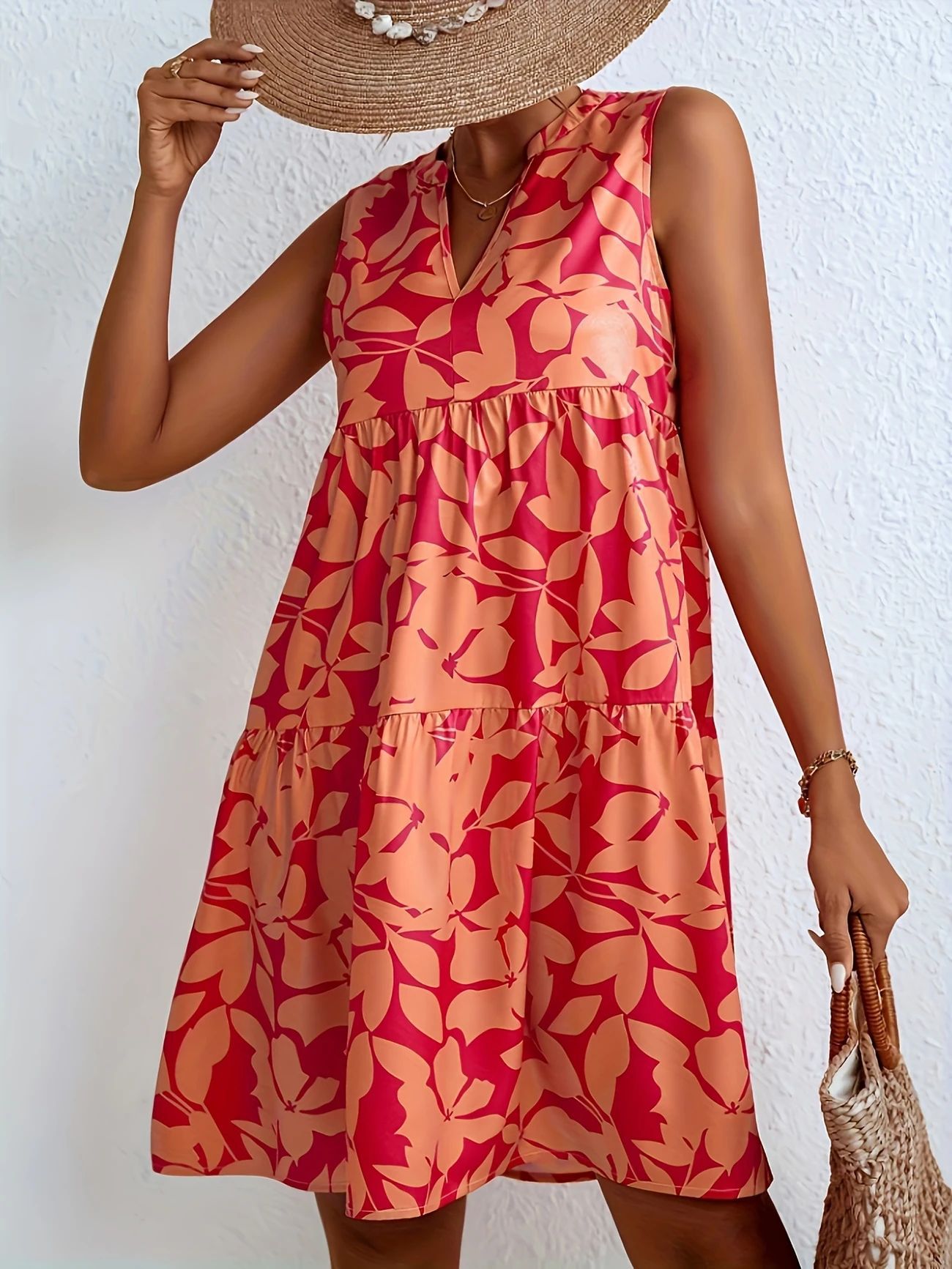 V-Neck Printed Sleeveless A- Line Dress