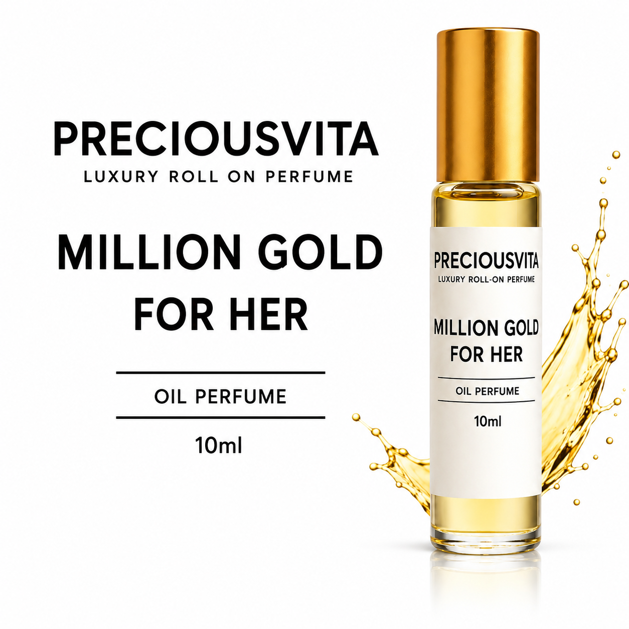 PRECIOUSVITA Million Gold For Her Luxury Roll-On Perfume Oil 10ml – Long Lasting Women’s Fragrance, Vegan & Cruelty Free
