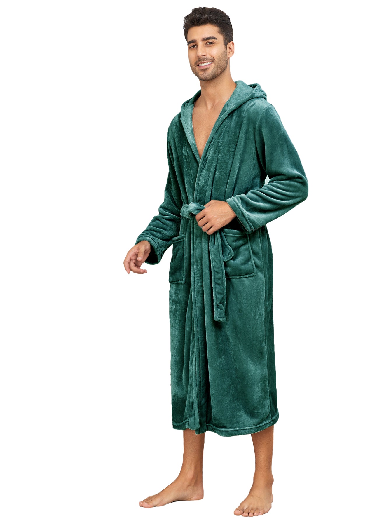 RONGTAI Womens Plush Fleece Hooded Bathrobe, Thick Nightgown Long Robe Sleepwear With Two Side Pockets And Belt