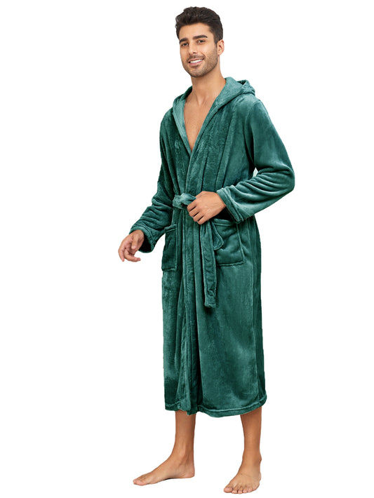 RONGTAI Womens Plush Fleece Hooded Bathrobe, Thick Nightgown Long Robe Sleepwear With Two Side Pockets And Belt