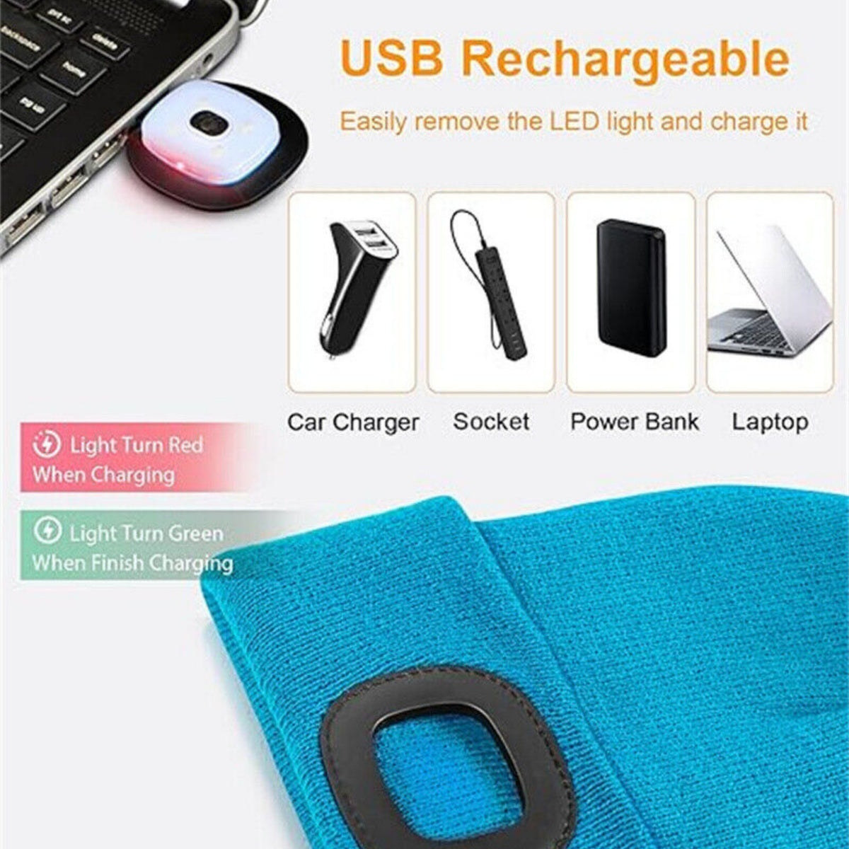 LED Beanie Hats Rechargeable Unisex High Powered Head Lamp Torch Light Cap