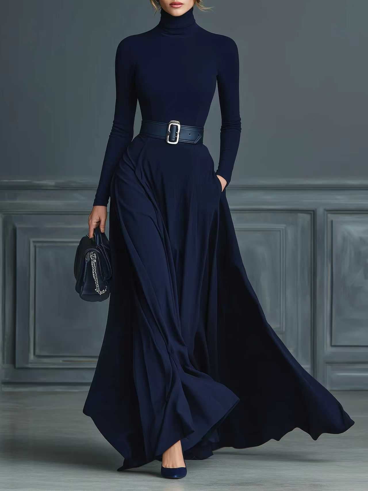 Long-Sleeve Tight-Waisted Long-Neck Dress