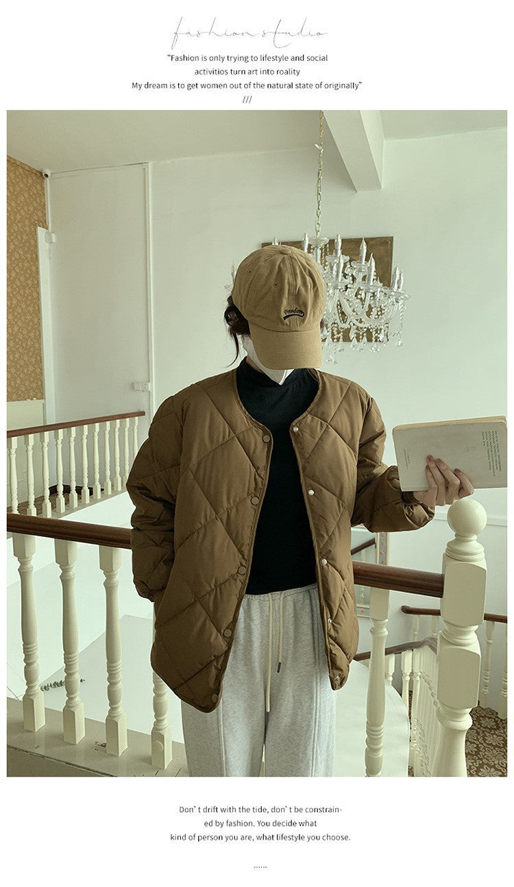 Collarless Rhombic Cotton-Padded Jacket