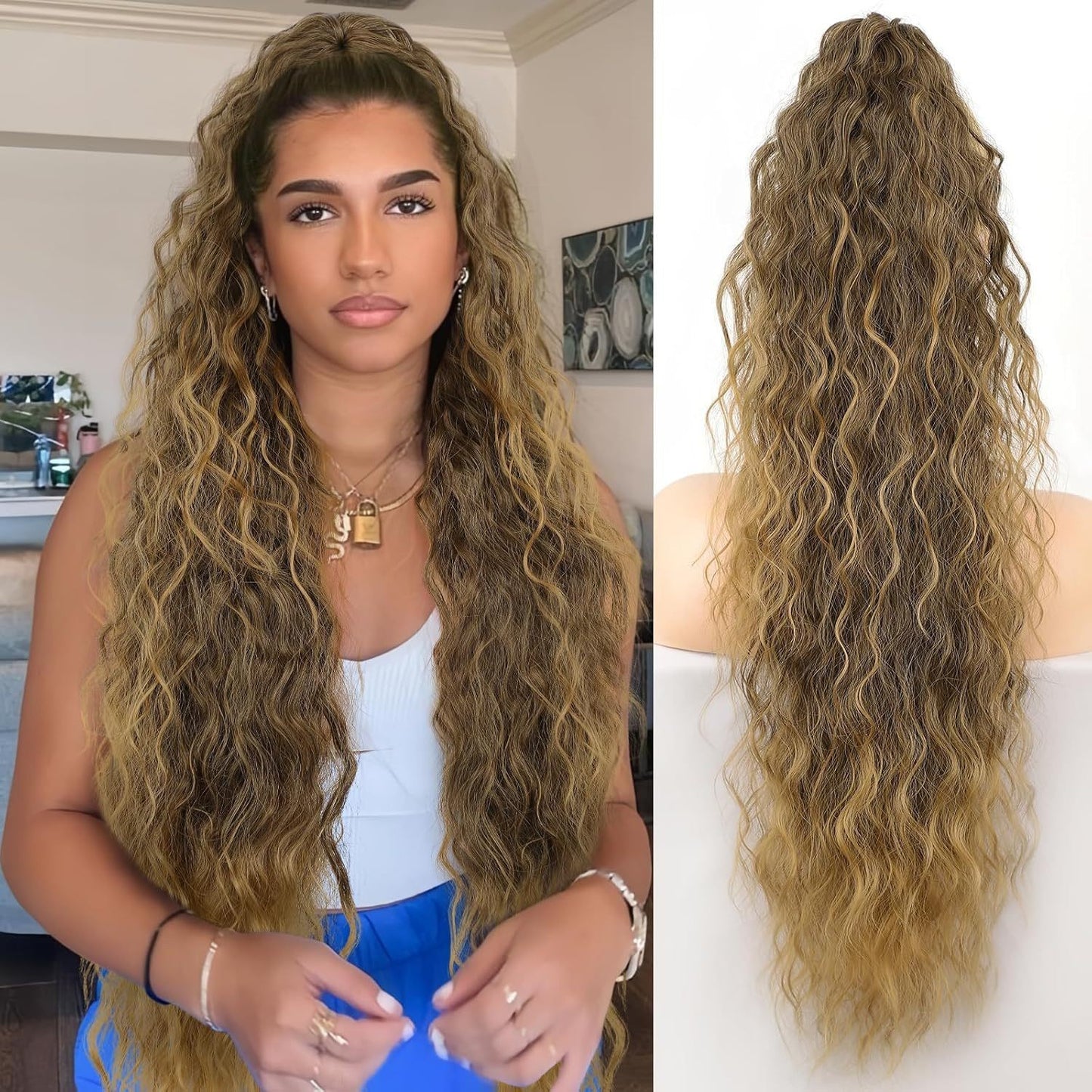 Claw Clip Ponytail Extension, various colours and Inches Long Ponytail Hair Piece Wavy Curly Synthetic