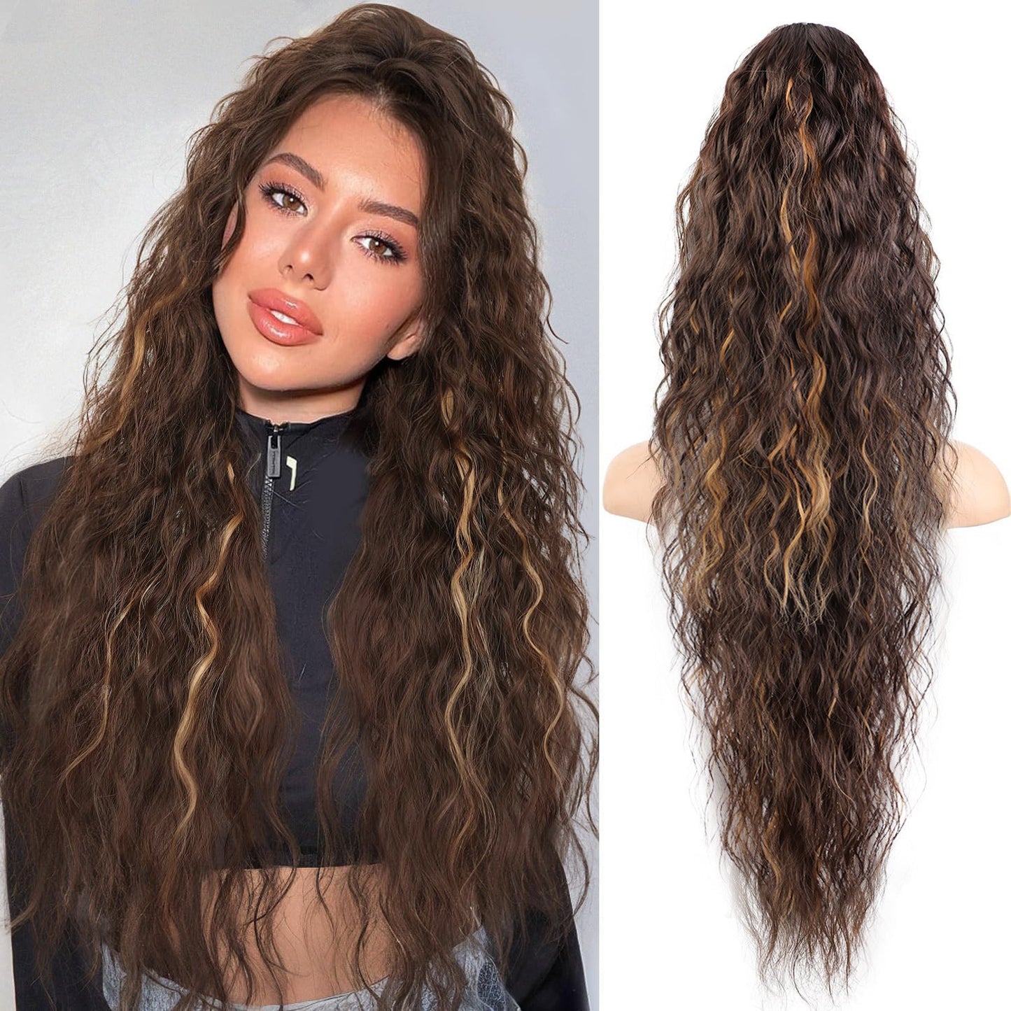 Claw Clip Ponytail Extension, various colours and Inches Long Ponytail Hair Piece Wavy Curly Synthetic