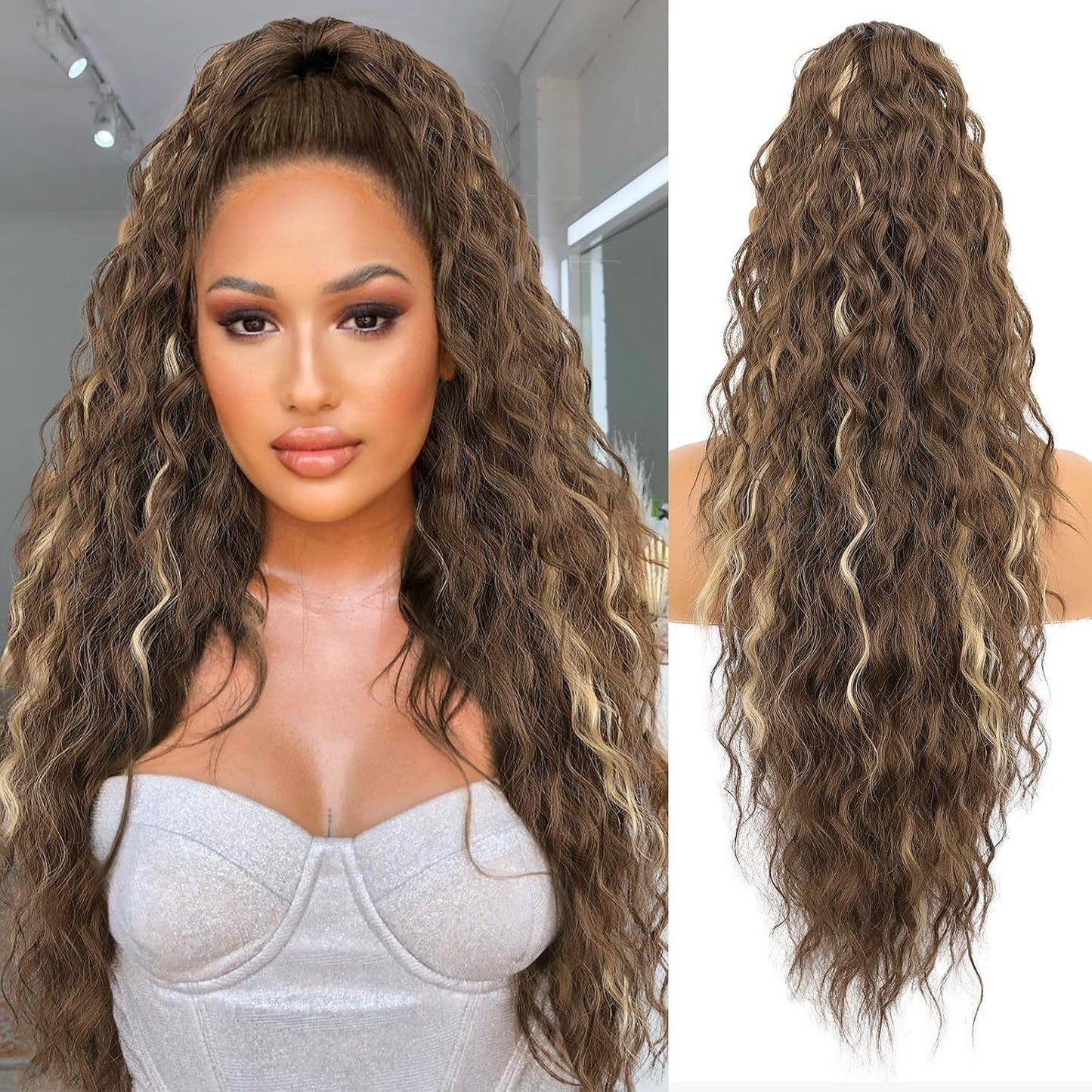 Claw Clip Ponytail Extension, various colours and Inches Long Ponytail Hair Piece Wavy Curly Synthetic