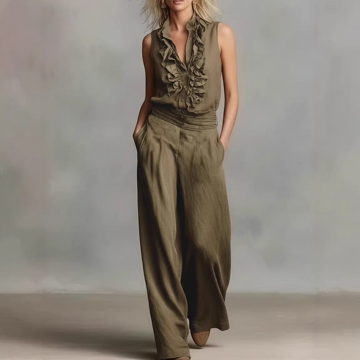 Sleeveless Shirt Wide Leg Pants Set
