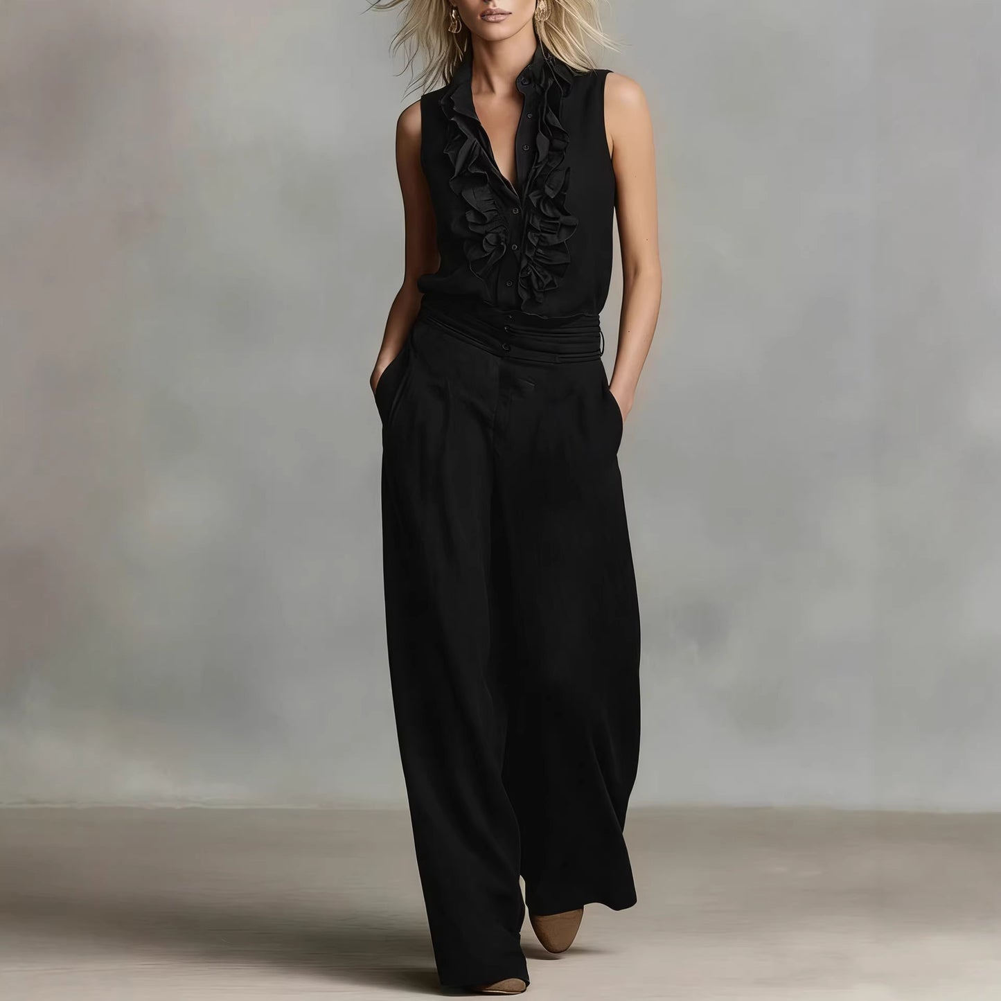 Sleeveless Shirt Wide Leg Pants Set