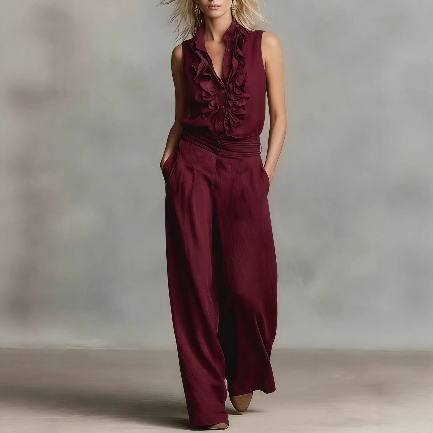 Sleeveless Shirt Wide Leg Pants Set