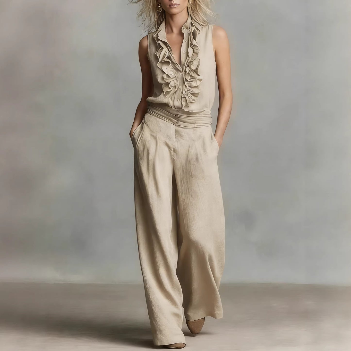 Sleeveless Shirt Wide Leg Pants Set